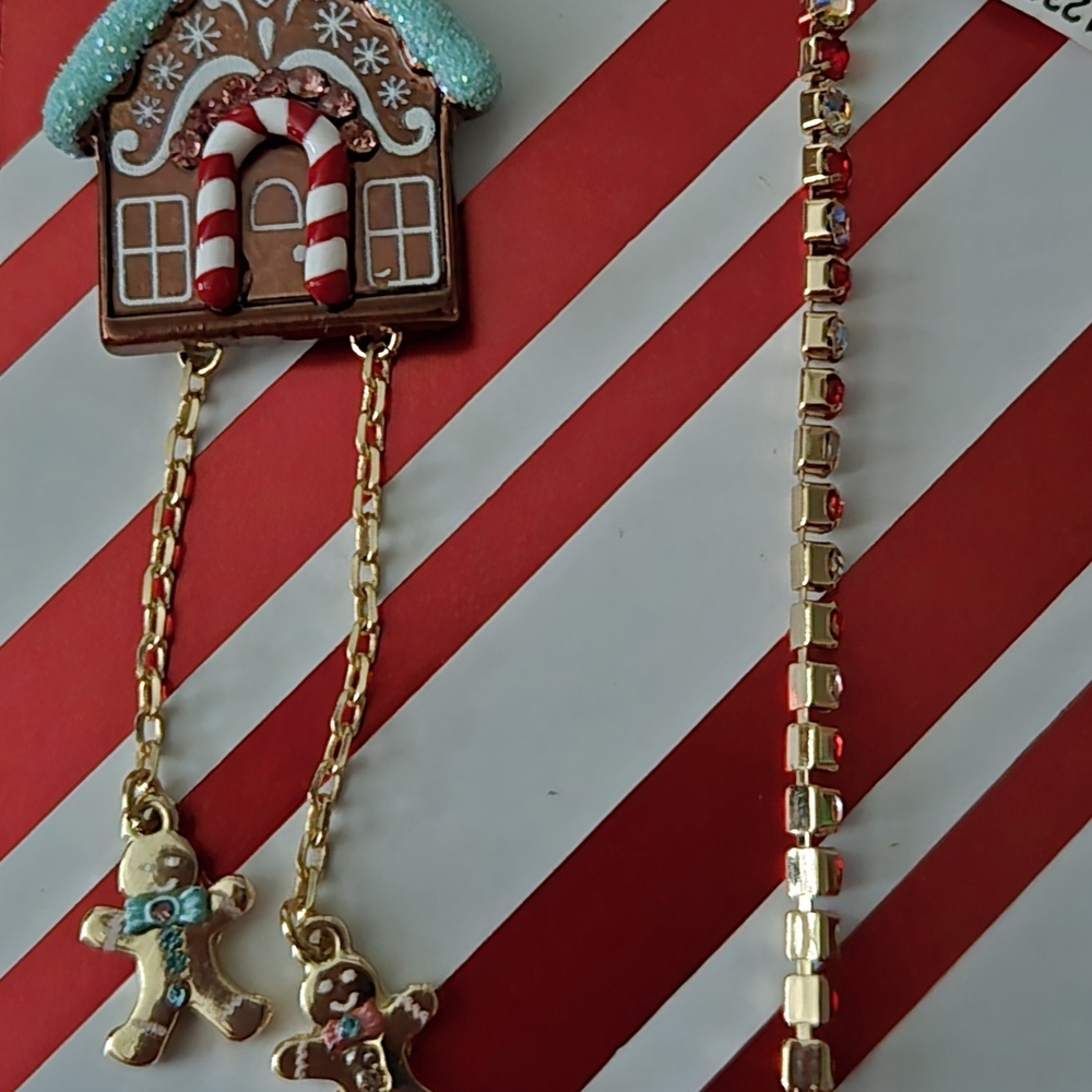 Betsey Johnson Gingerbread House Earrings with Gold Chains